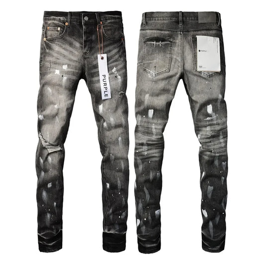 Purple Distressed High-Waist Jeans with Black Paint 2024