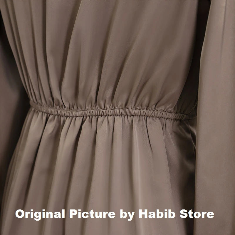 Elegant Satin Long Sleeve Midi Dress – Round Neck Slim Party Dress for Women