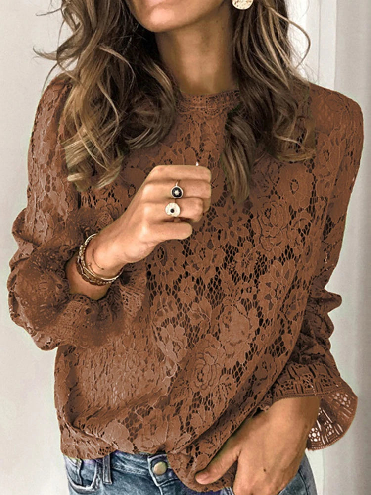 Elegant Lace Blouse – O-Neck, Flare Sleeve