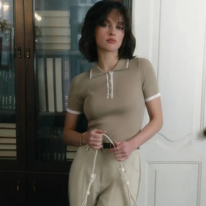 Talenza Women's Short Sleeve Patchwork Knitted Pullover Top