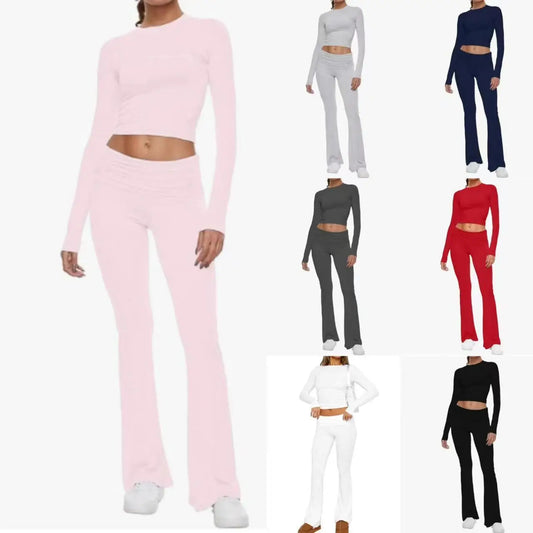 2024 Women’s 2-Piece Set - Round Neck Short Top & Low Waist Flare Pants