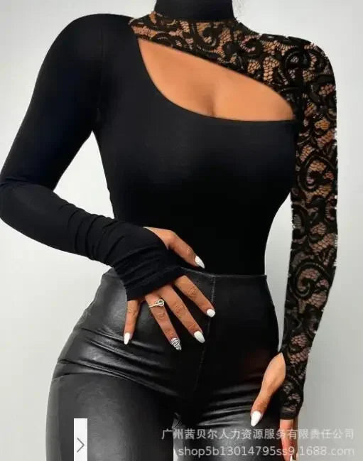 Cold Shoulder Lace Bodysuit – Long Sleeve, Slim Fit