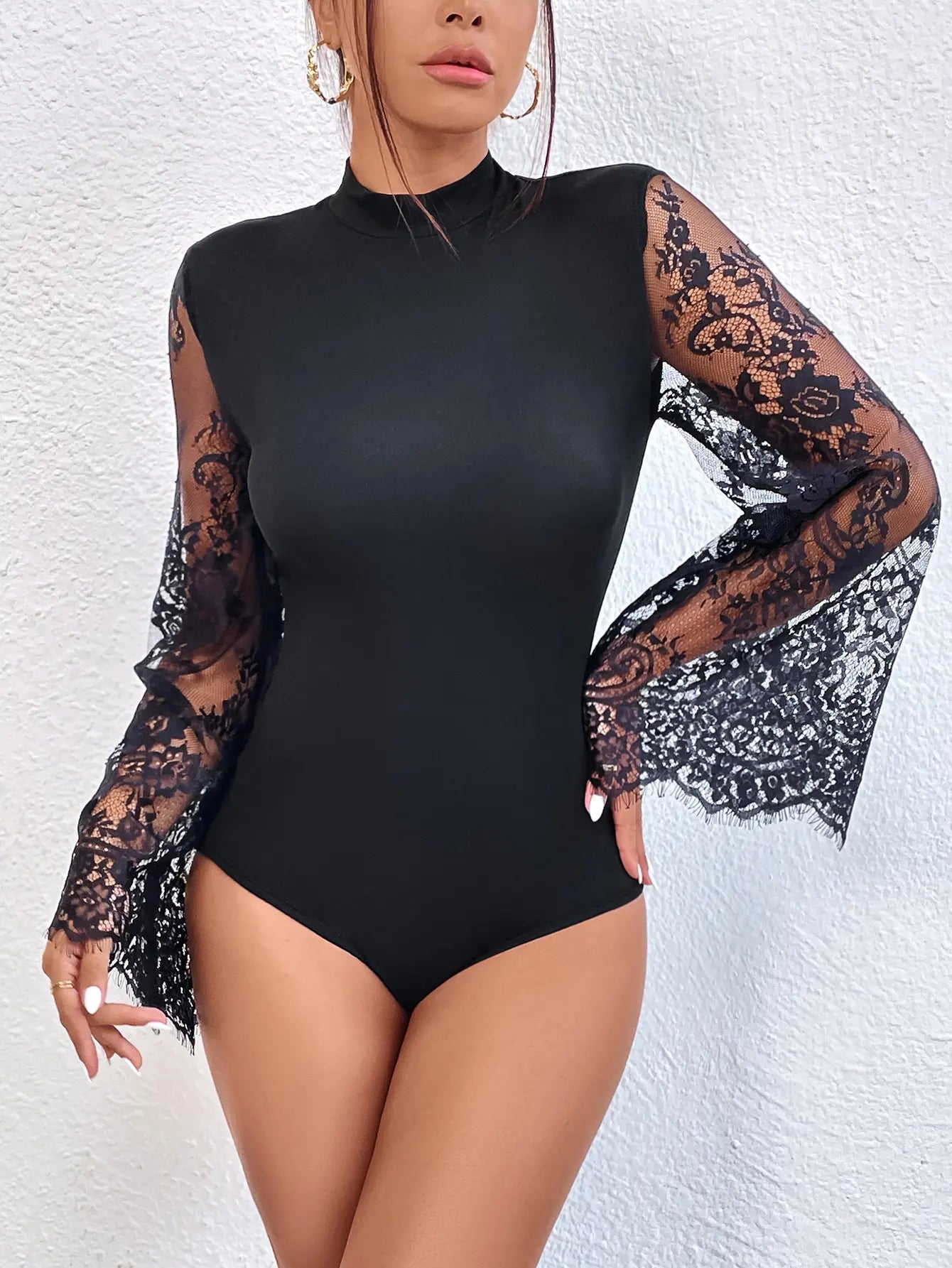 Black Lace Patchwork Flared Jumpsuit