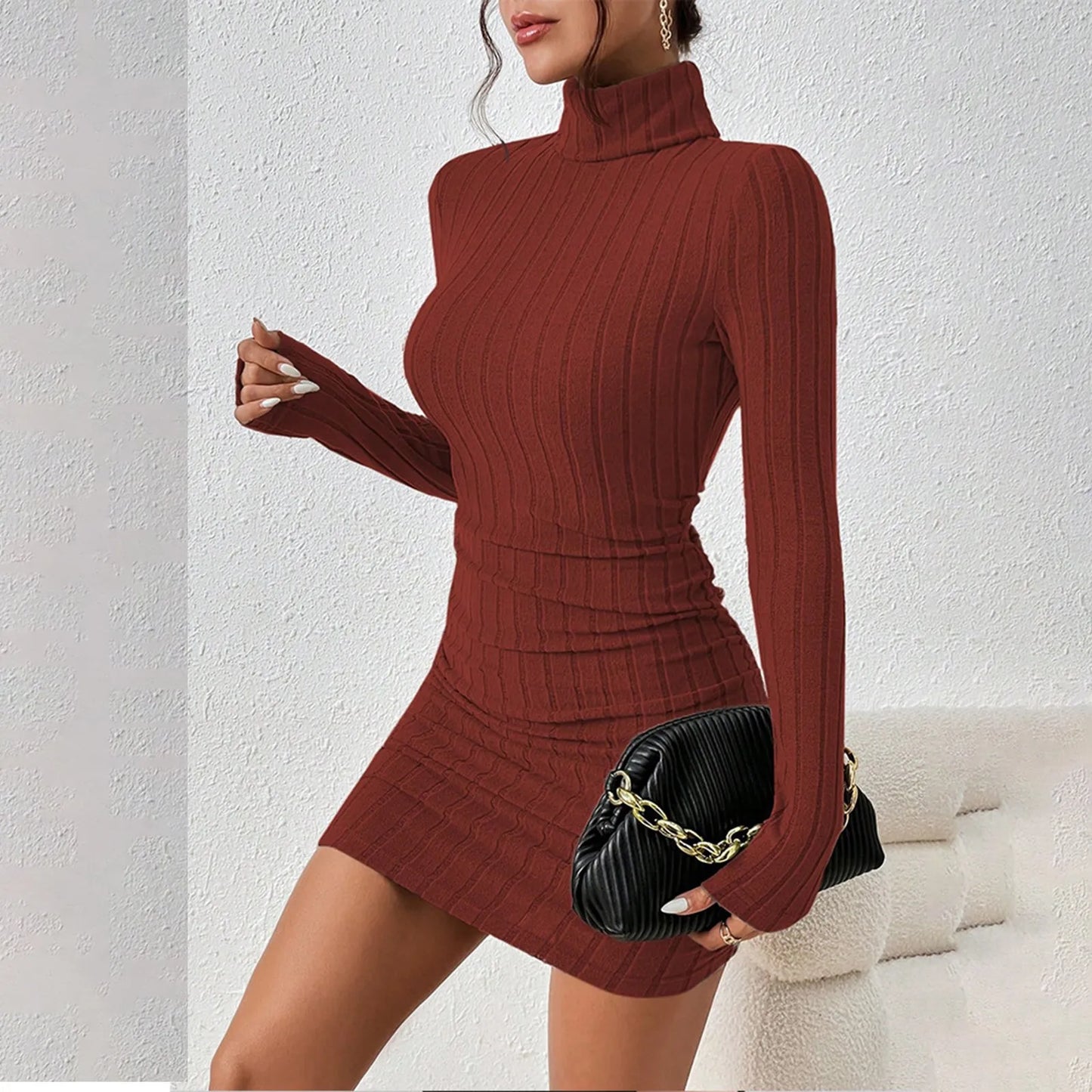 Elegant Turtleneck Knitted Bodycon Dress – Autumn Winter Sheath Mini Dress for Women
