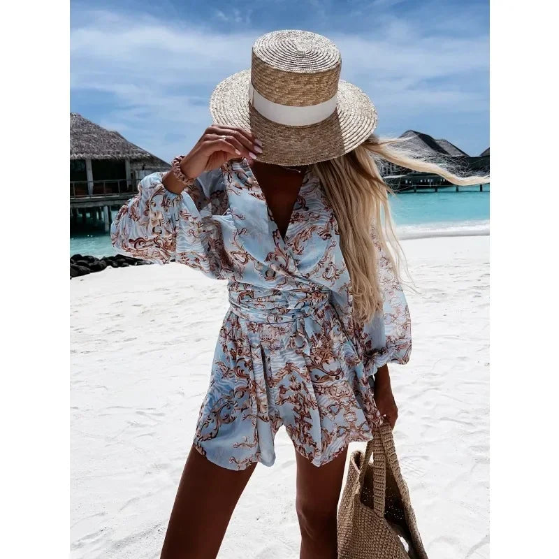 Women's V-neck Printed Long Sleeve Belted Jumpsuit Set