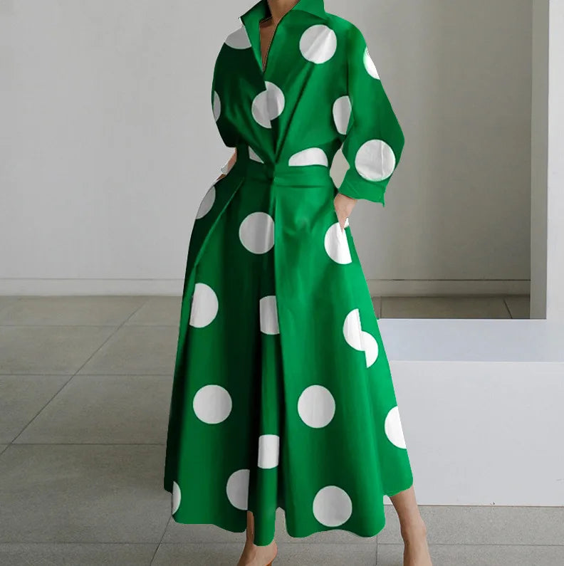 Autumn Long Sleeve Dot Print Maxi Dress – Elegant V-Neck Shirt Party Dress for Women
