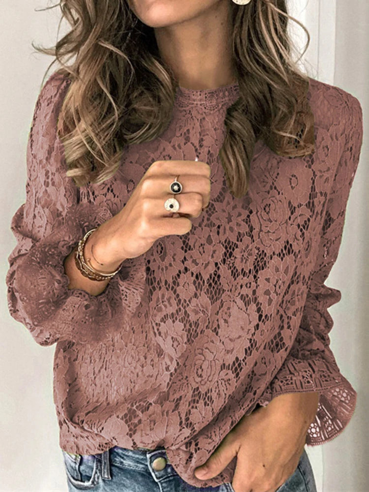 Elegant Lace Blouse – O-Neck, Flare Sleeve