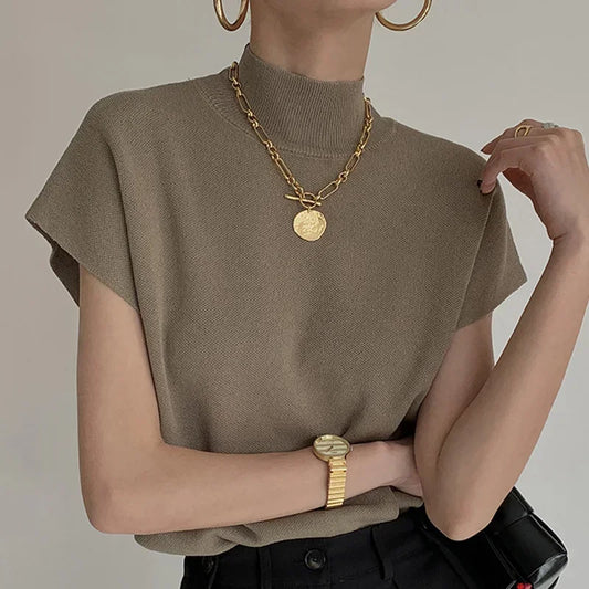 Elegant Stand-Up Collar Knitted Blouse – Women's Short-Sleeve Loose Fit Summer Top for Office & Casual Wear