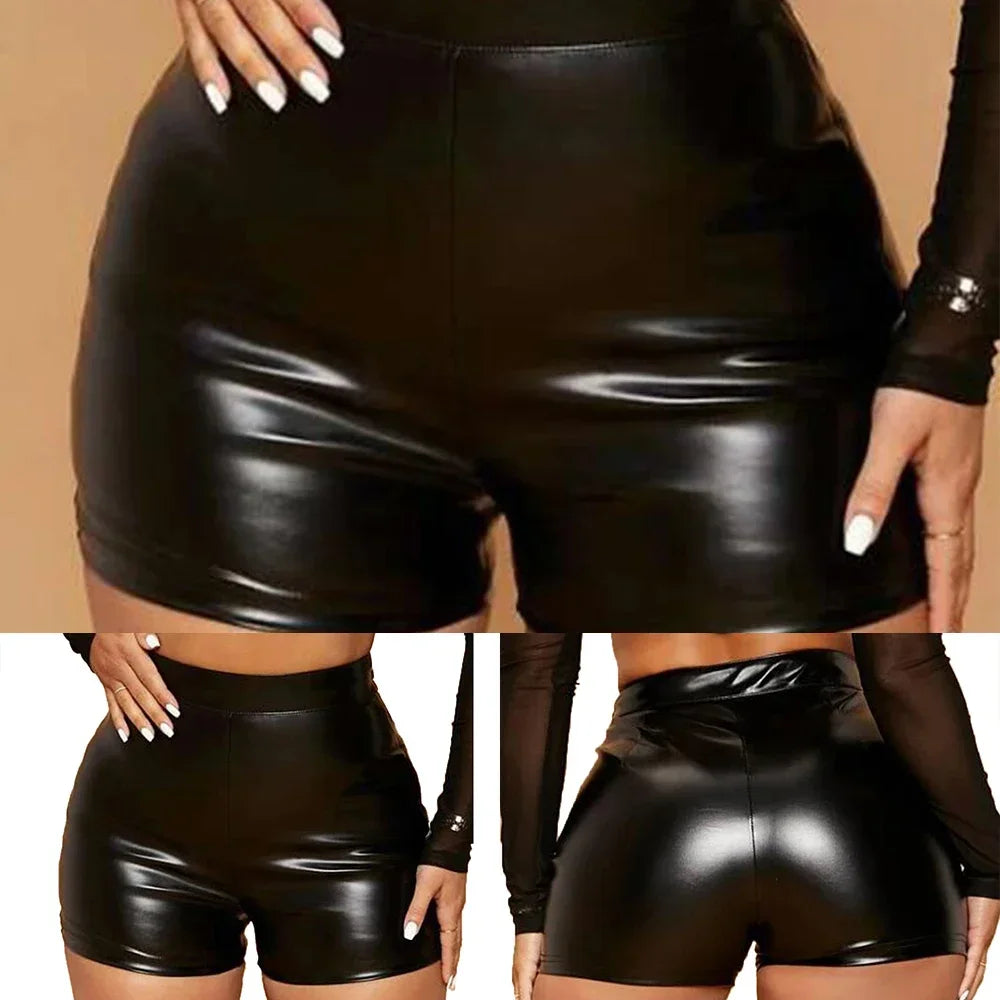 Sexy High-Waist Faux Leather Shorts – Women's Shiny Tight Mini Pants for Nightclub & Party Wear