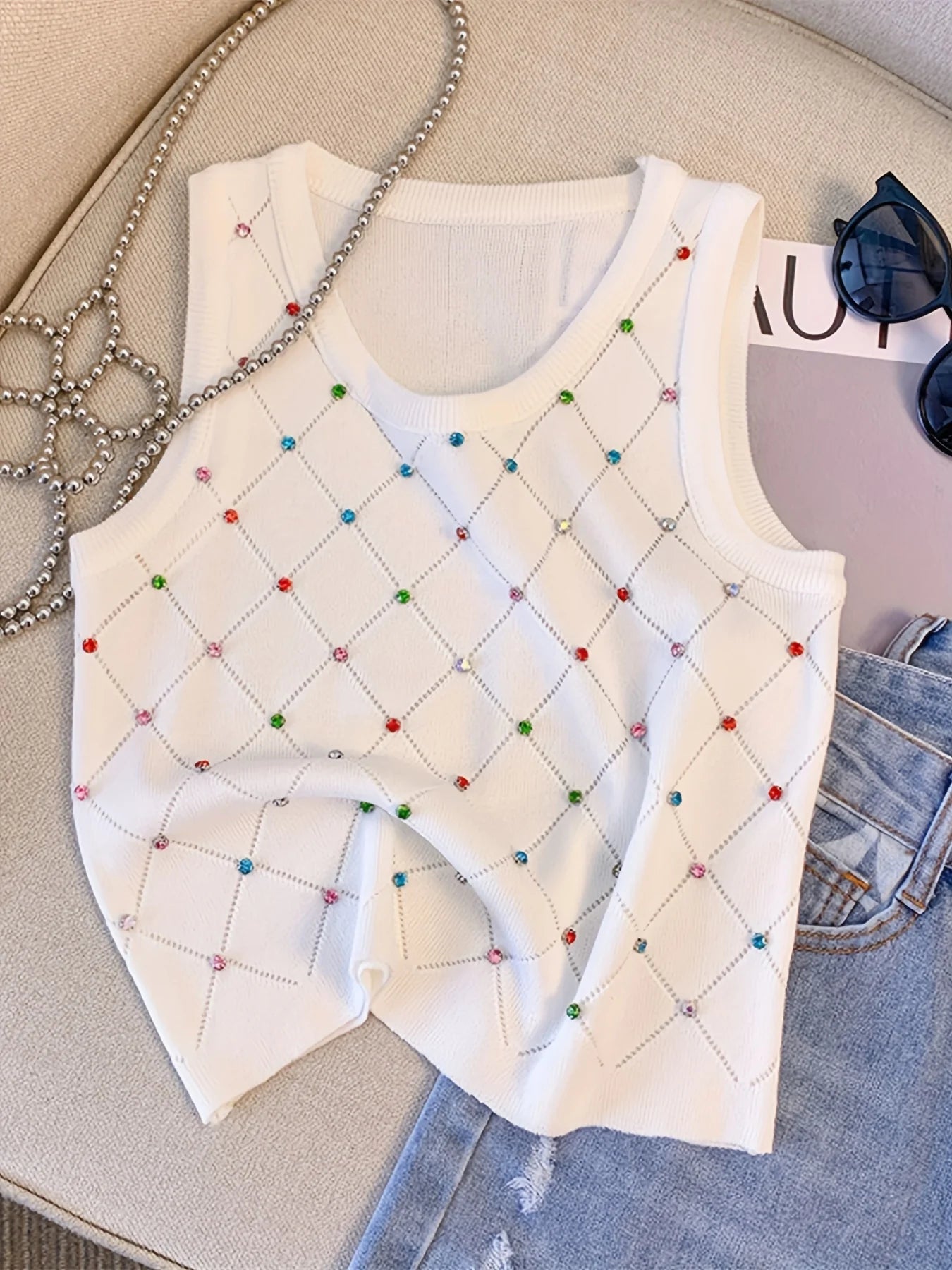 Colorful Rhinestone Knitted Sleeveless Tank Top - Summer Crop Camisole