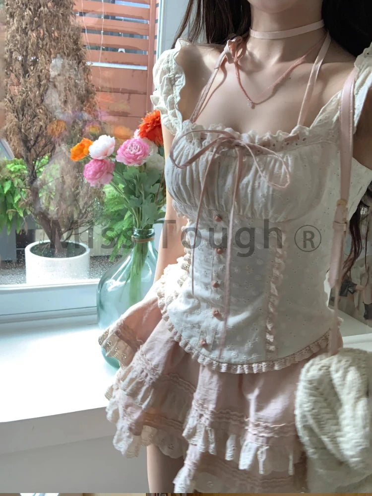 Kawaii Vintage Lace-Up 2-Piece Set – Women's Y2K Princess Mini Skirt Suit for Summer 2024