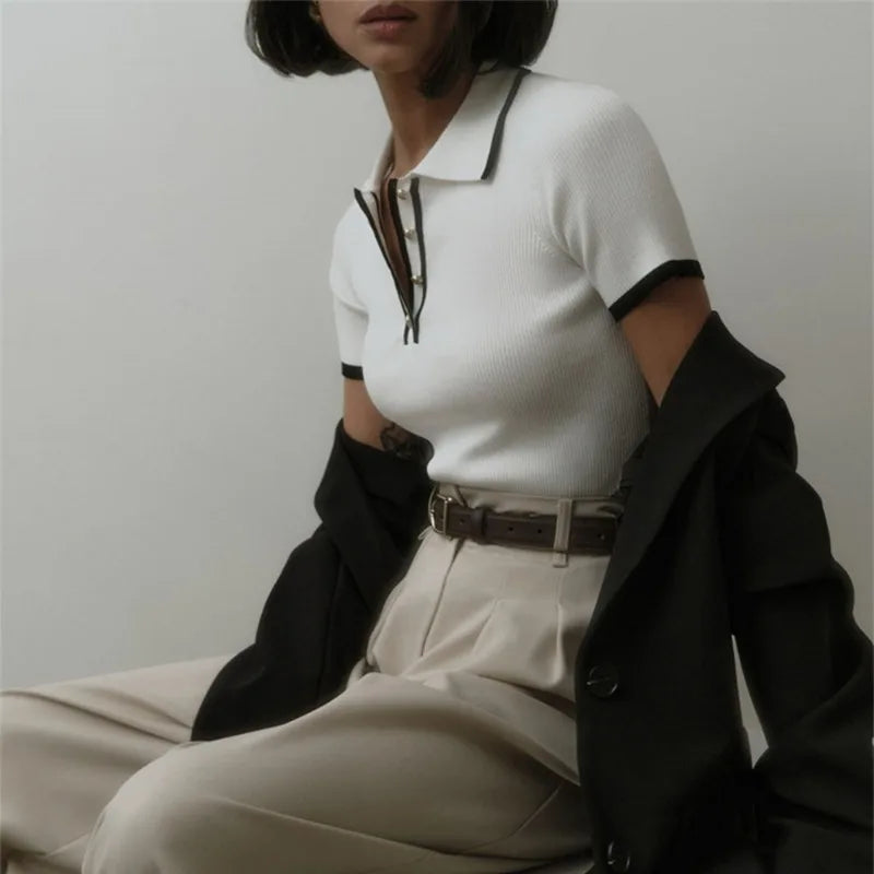 Talenza Women's Short Sleeve Patchwork Knitted Pullover Top