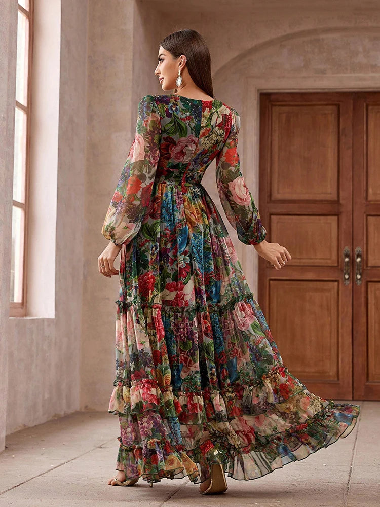 TOLEEN Boho Floral Frill Maxi Dress