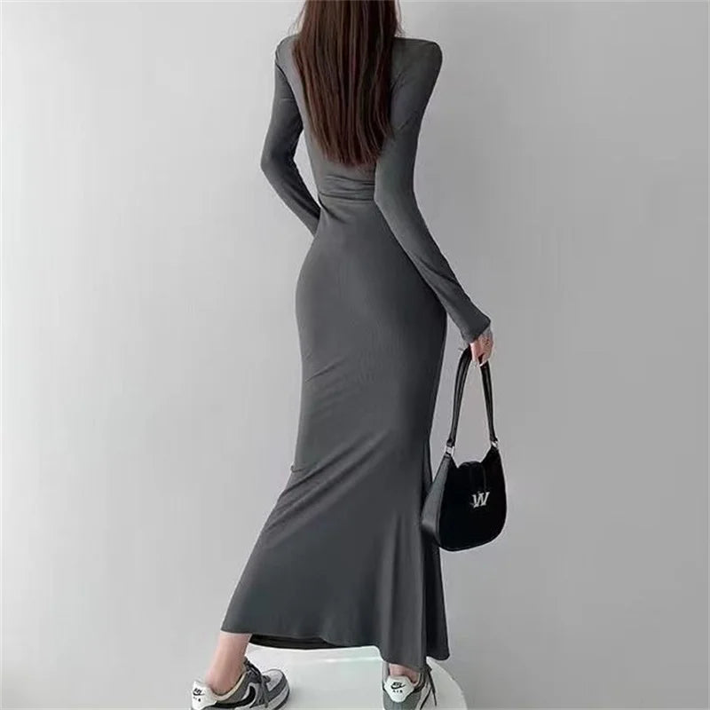 Low Cut Mermaid Dress – Sexy Long Sleeve Solid Color Outfit for Women