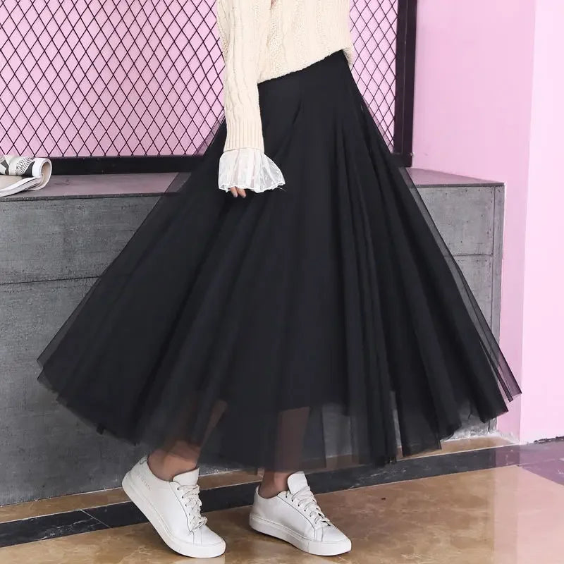 Grandiose 720-Degree A-Line Mesh Skirt – Elegant High-Waist Midi Dance Dress
