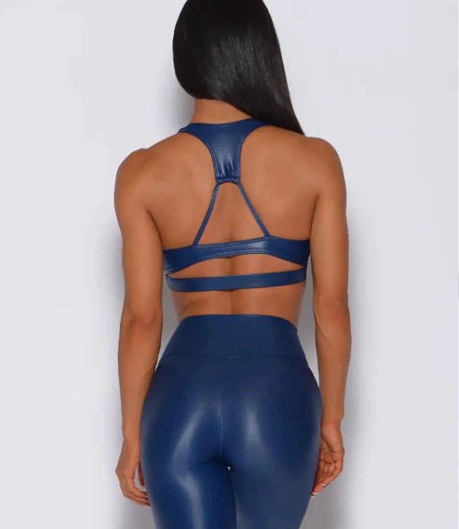 Pmwrun Women's Shiny Fabric Sports Bra and High Waist Legging Set