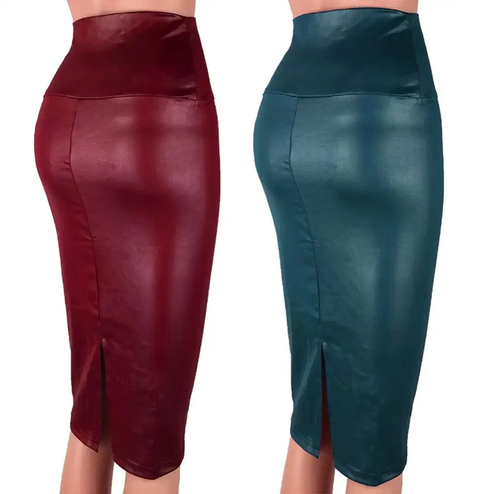 Elegant High-Waist Faux Leather Pencil Skirt – Knee-Length Bodycon with Side Split