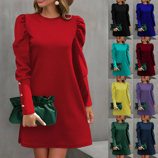 Elegant Autumn A-Line Midi Dress – Casual Loose Long Sleeve Black Dress for Women