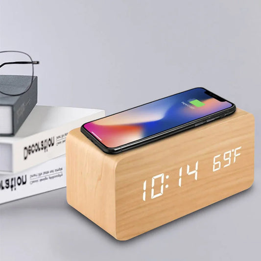 Wooden LED Digital Alarm Clock with Wireless Charging, Displaying Time, Date & Temperature – Multifunctional Desk & Bedside Clock
