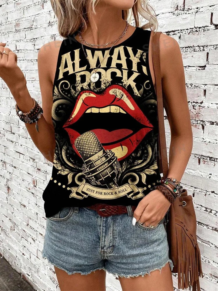 Rock Hip Hop Print Women's Crew Neck Tank Top - Summer Street Fashion
