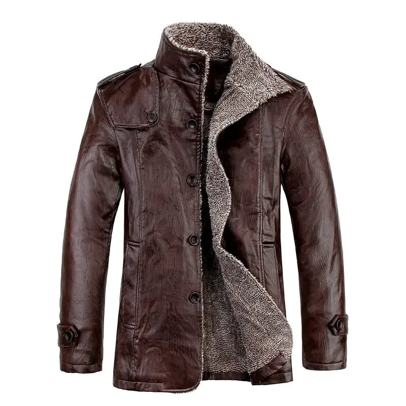 Men’s Windproof PU Leather Jacket — Warm Fleece Motorcycle Coat