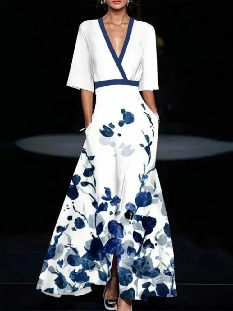 Women’s Printed V-Neck Belted Dress