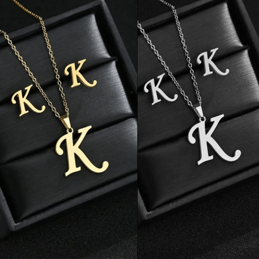 Custom Stainless Steel Initial Necklace and Earrings Set – 26 Letters, Personalized Jewelry for Women