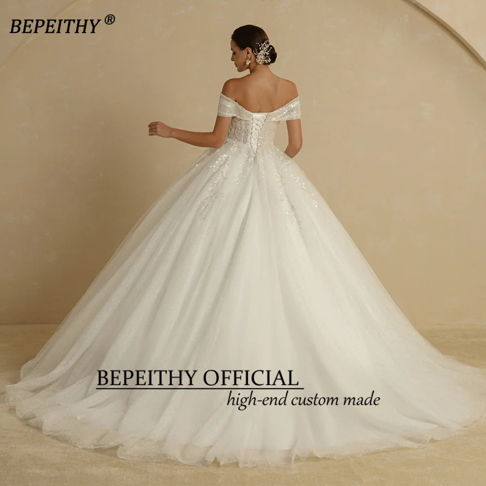 BEPEITHY Custom Beaded Princess Wedding Dress – Off Shoulder Glitter Ball Gown 2024