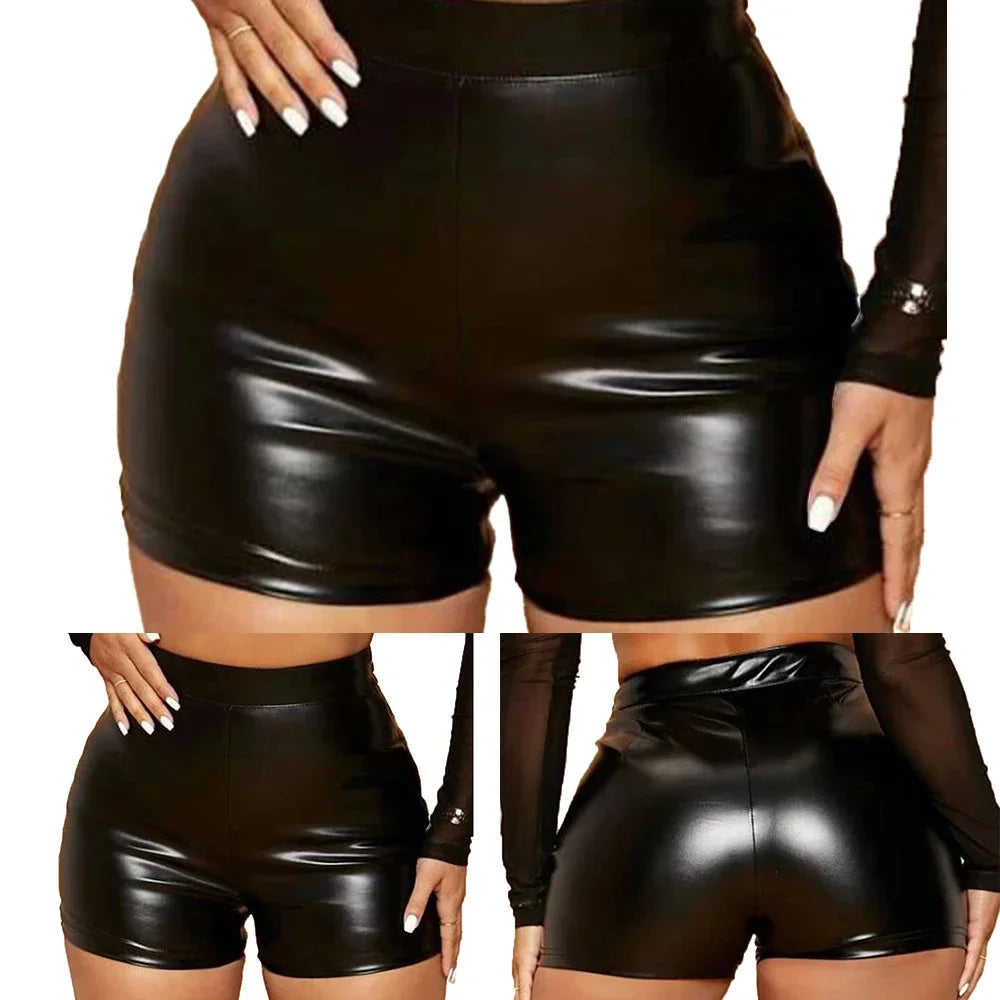 Sexy High-Waist Faux Leather Shorts – Women's Shiny Tight Mini Pants for Nightclub & Party Wear