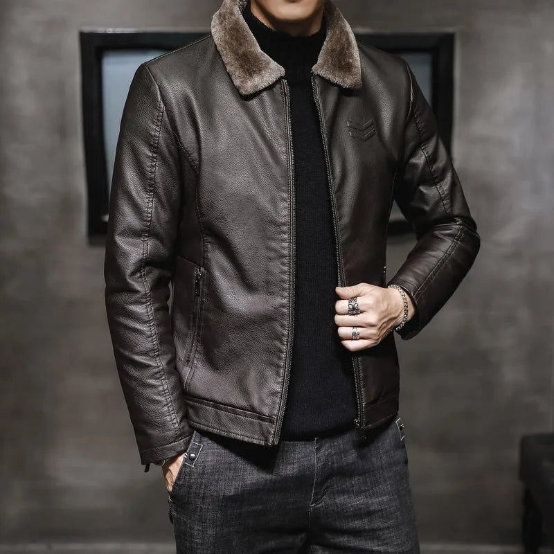 Men’s Plush Leather Windbreaker — Thickened Jacket for Seniors