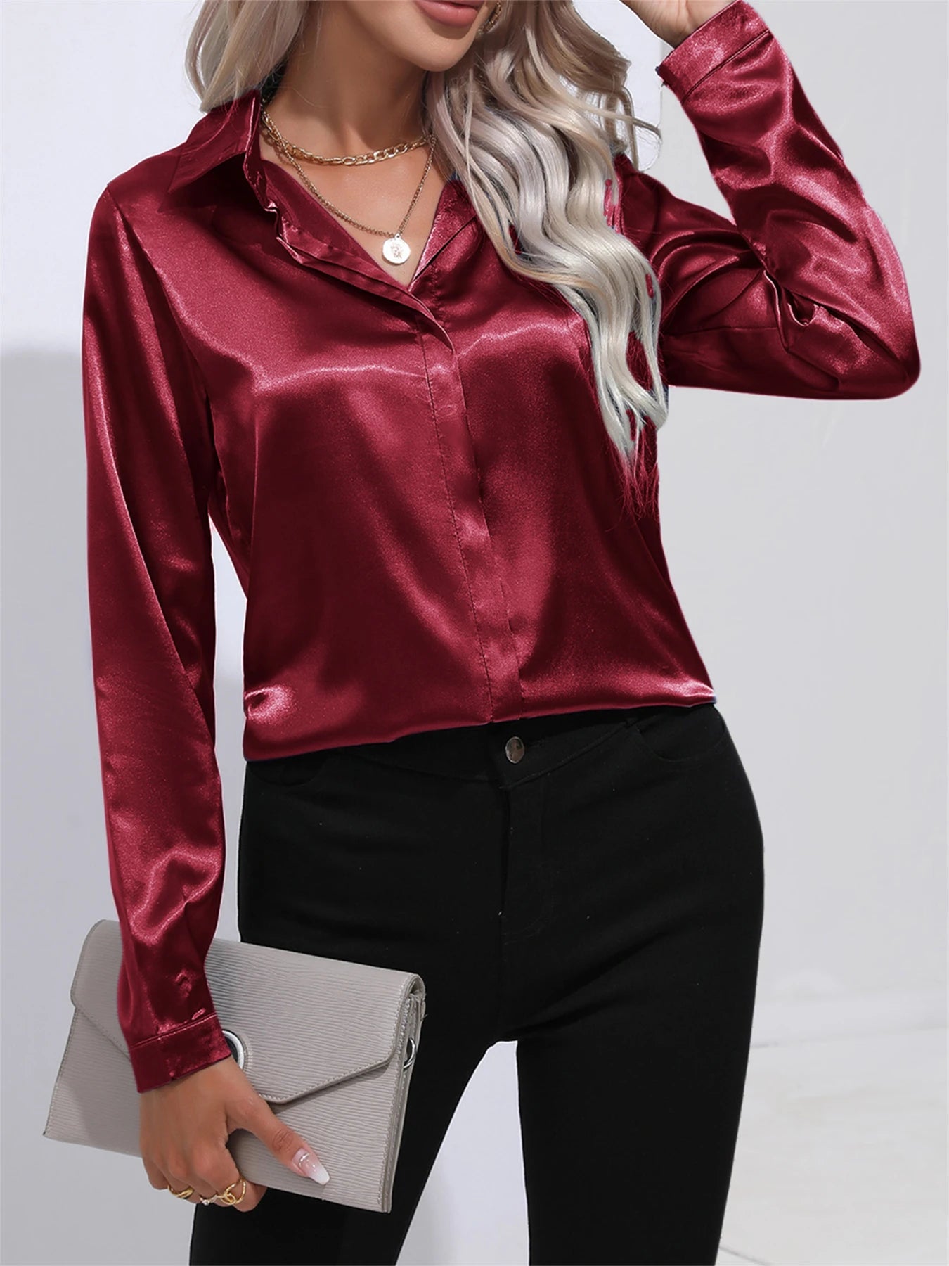 Elegant Turn-Down Collar One-Button Satin Shirt for Women