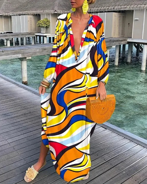 Bohemian Deep V-Neck Maxi Dress – Lantern Sleeve Vintage Beach Cover-Up for Women