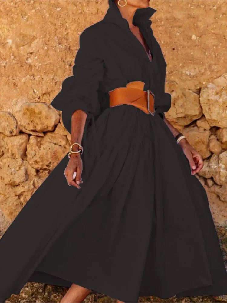 Women’s Lace-Up Lapel Midi Dress