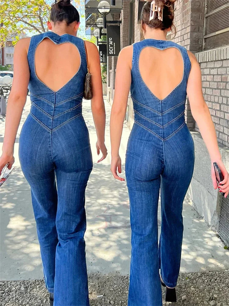 TARUXY Backless Heart Cutout Denim Bodycon Jumpsuit