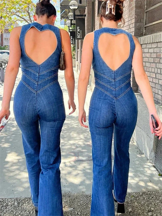 TARUXY Backless Heart Cutout Denim Bodycon Jumpsuit