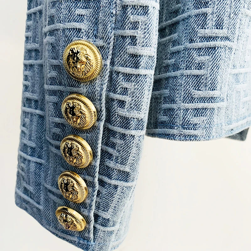 2024 High Street Women's Double Breasted Lion Button Denim Blazer