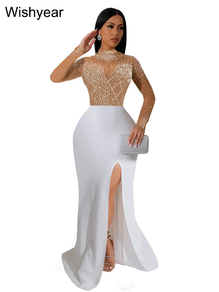 Wishyear Mermaid Evening Dress – Elegant Mesh Patchwork Long Sleeve High Split Prom Dress for Women