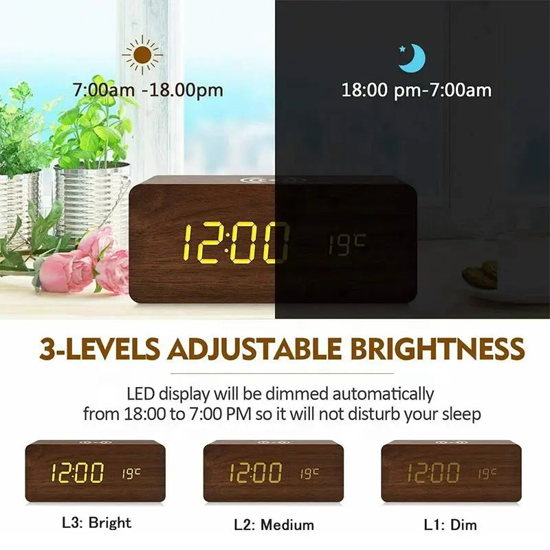 Wooden LED Digital Alarm Clock with Wireless Charging, Displaying Time, Date & Temperature – Multifunctional Desk & Bedside Clock