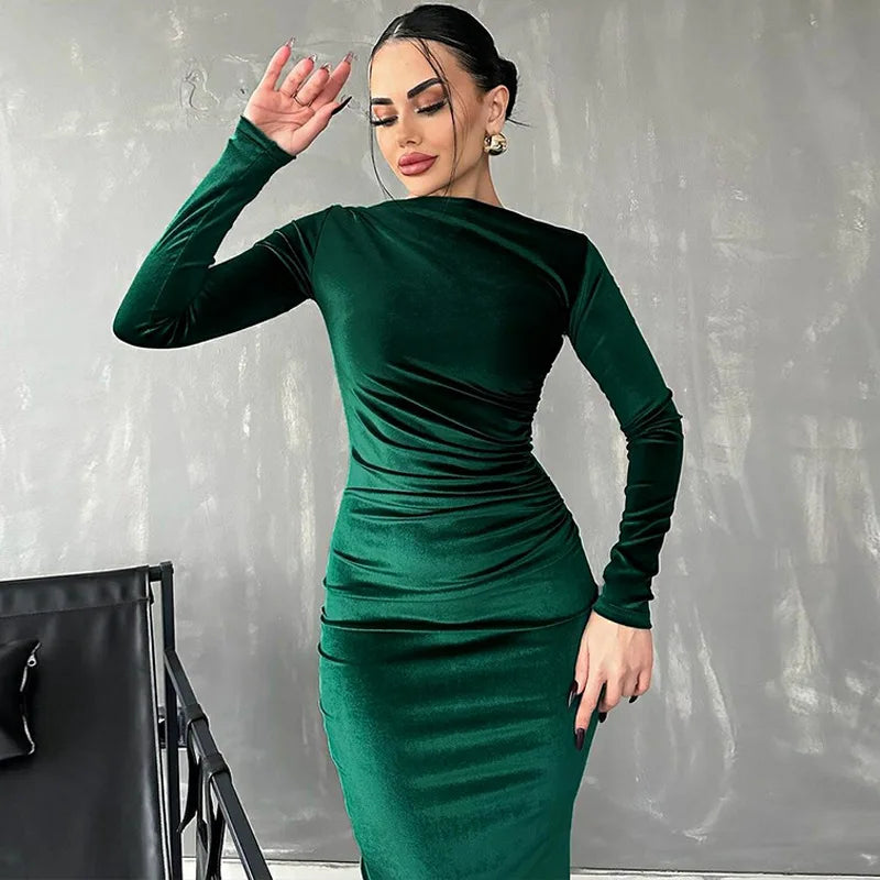 Velvet Green Ruched Midi Dress – Elegant Spring Summer Party Outfit