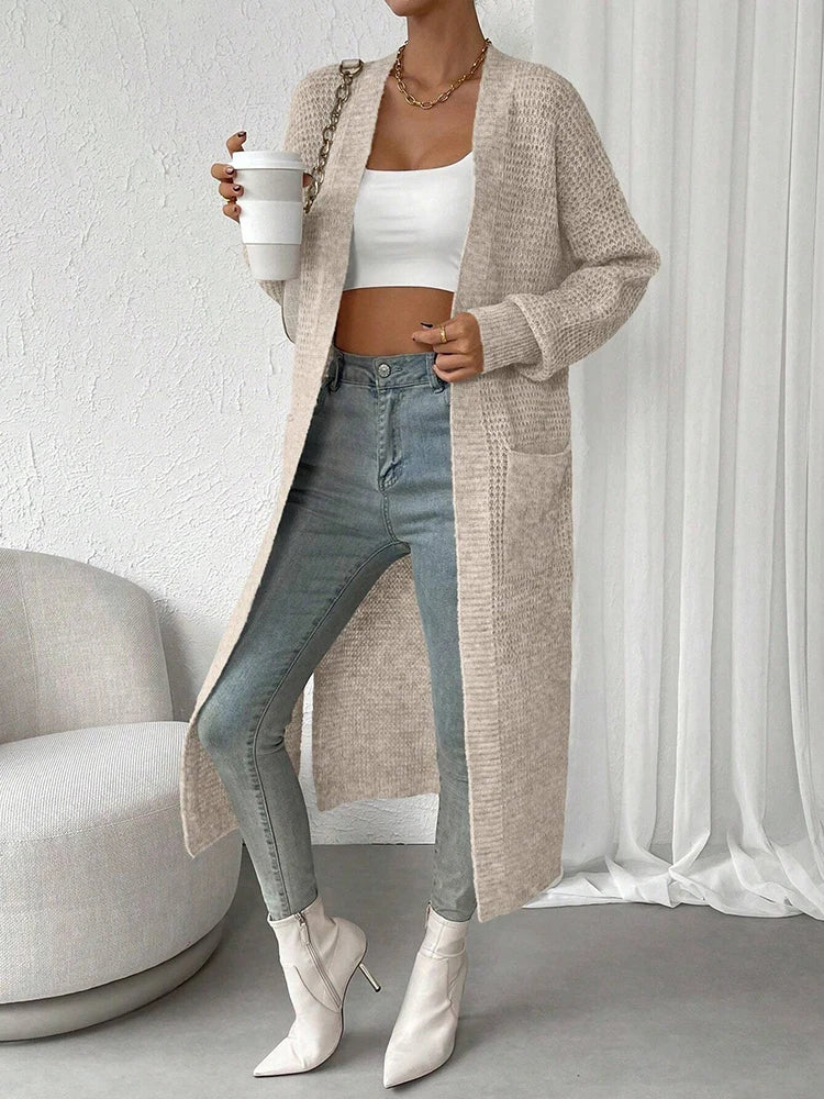 Elegant V-Neck Knitted Cardigan – Women's Mid-Length Hollow-Out Sweater