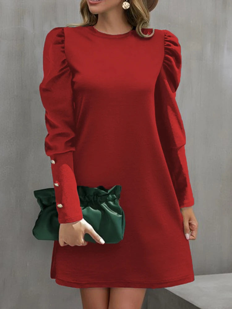 Elegant Autumn A-Line Midi Dress – Casual Loose Long Sleeve Black Dress for Women