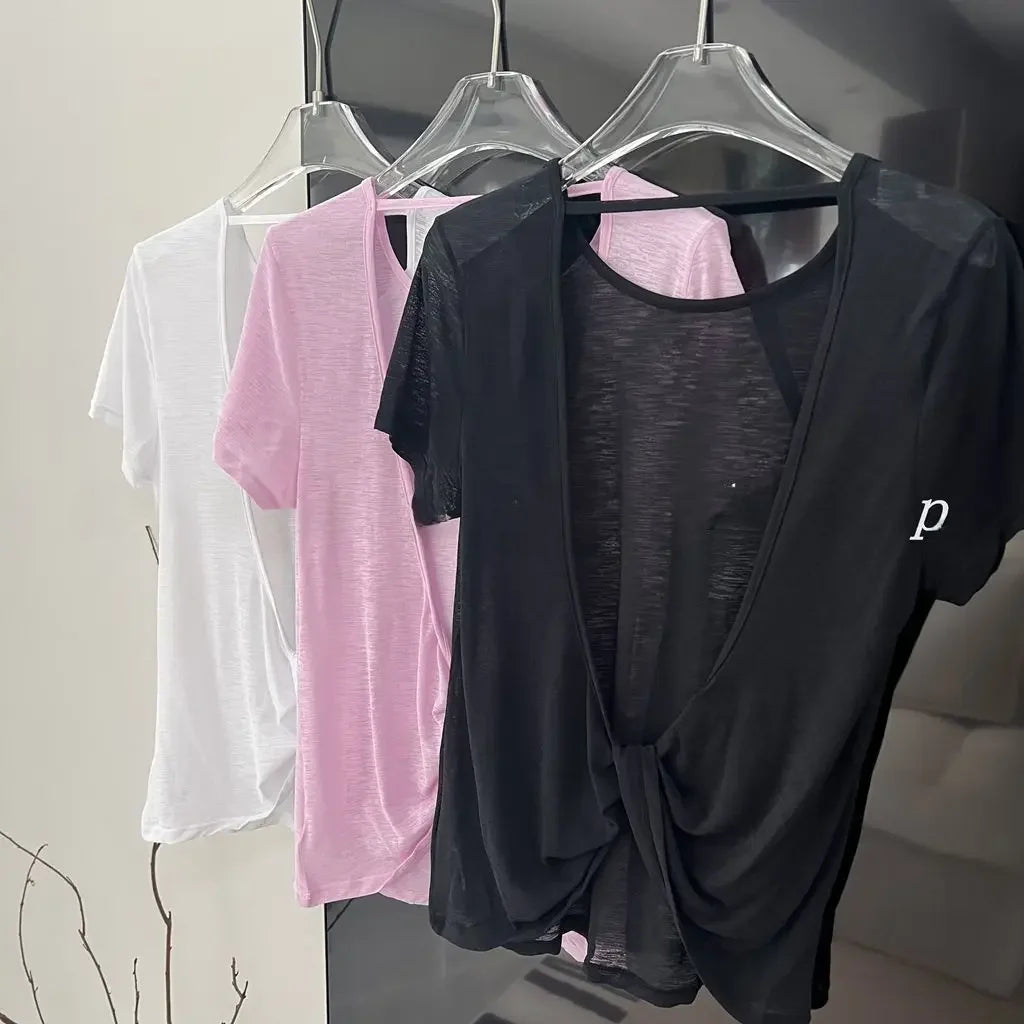 Breathable Hollow Out Viewable Bamboo Silk Yoga Top Sun Protection Thin Open-back Sports T-shirt Crew Neck Fitness Wear