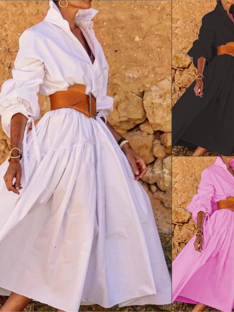 Women’s Lace-Up Lapel Midi Dress