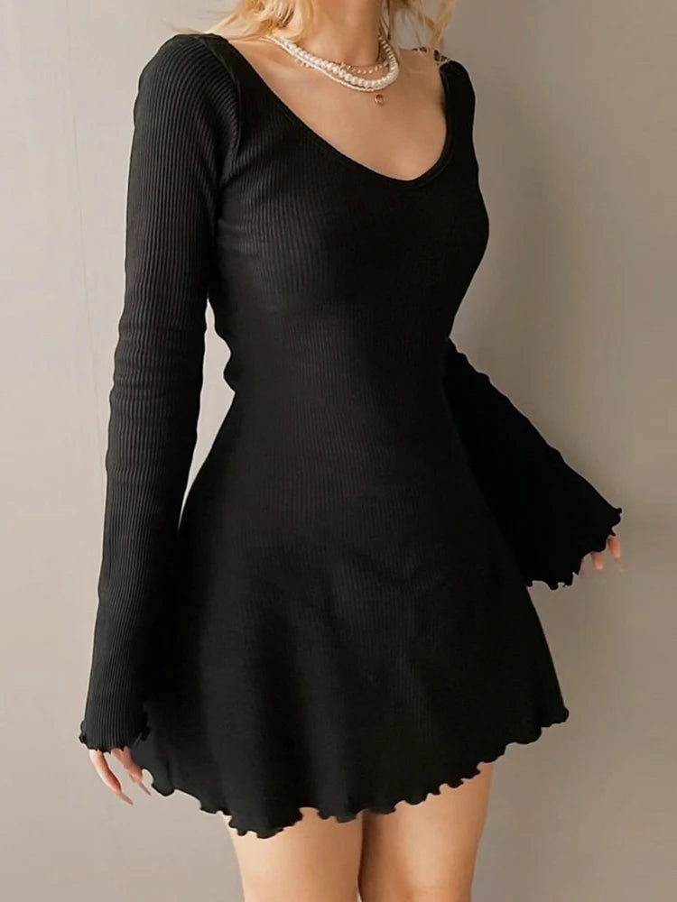 Elegant Knit Dress – V-Neck Solid Color Slim Dress for Women