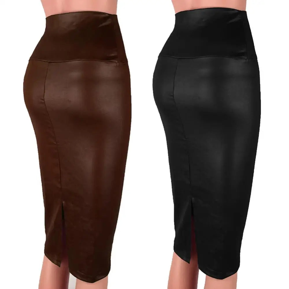 Elegant High-Waist Faux Leather Pencil Skirt – Knee-Length Bodycon with Side Split