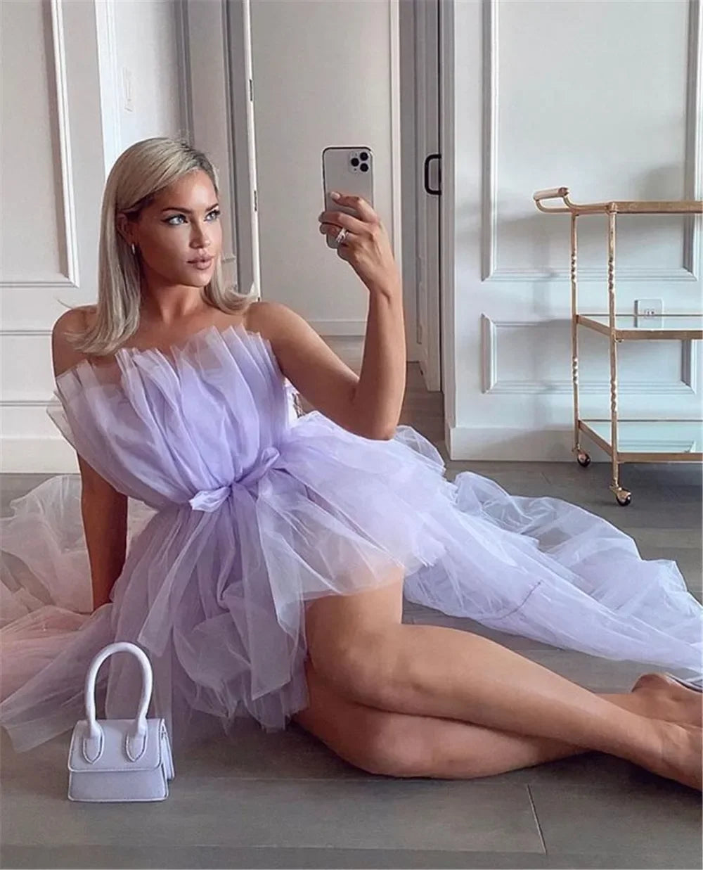 Elegant Mesh Tulle Evening Gown – Strapless Off Shoulder High Waist Formal Dress for Women