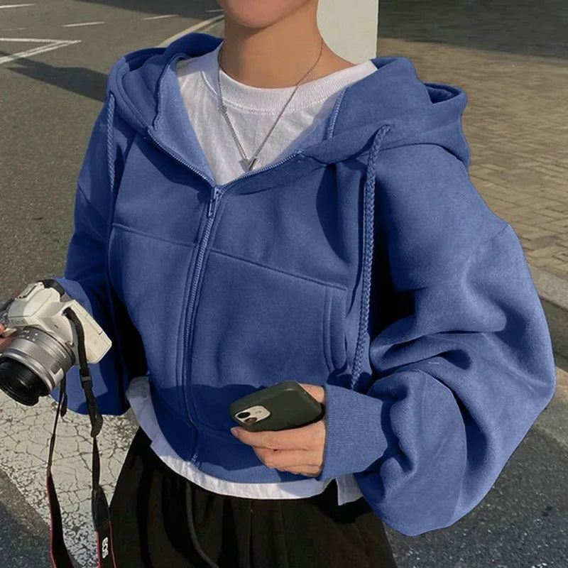 2024 Women’s Navy Blue Fleece-Lined Zip-Up Hoodie — Slim Cropped Sweatshirt