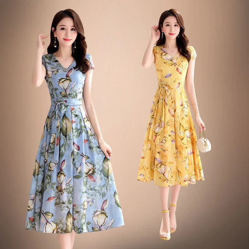 V-Neck Short Sleeve Waist-Fitted Dress – Elegant Slimming Summer Midi Dress for Women