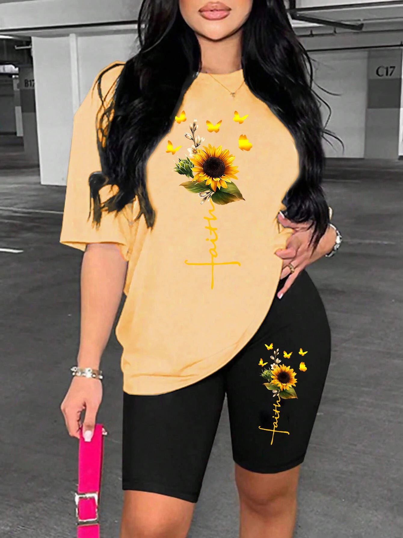 Sunflower Butterfly Two-Piece Set – Printed Tee & Shorts