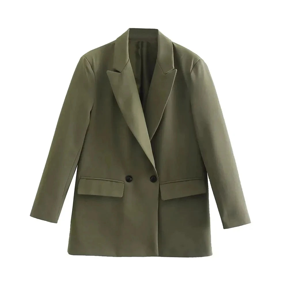 Chic Double-Breasted Blazer Coat – Women's Loose-Fit Long Sleeve Vintage Outerwear with Pockets